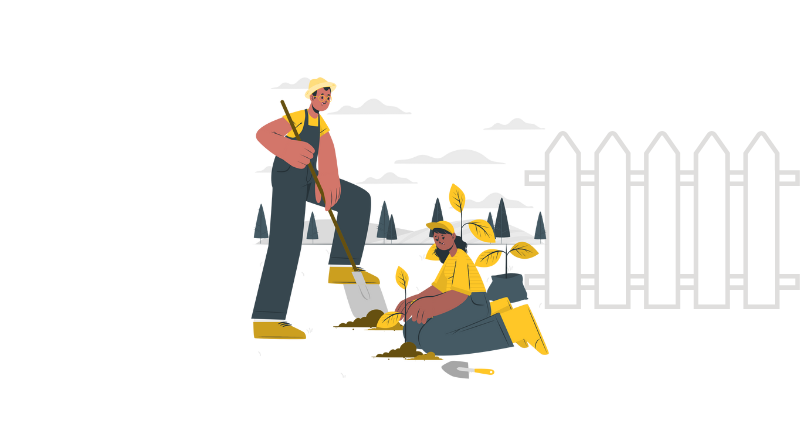 Illustration de deux jardiniers plantant des végétaux le long d'une clôture