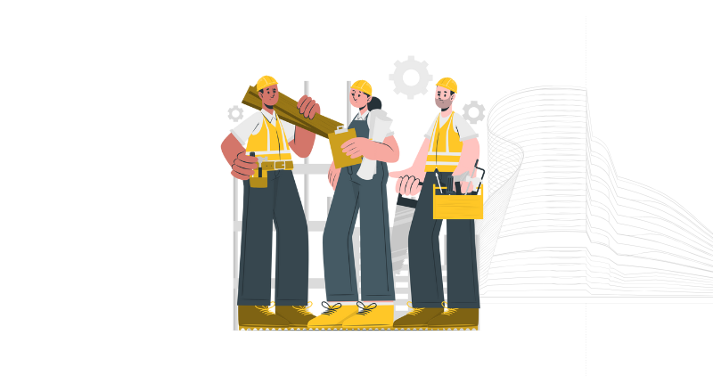 Illustration d'une équipe de gros œuvre consultant un plan de chantier